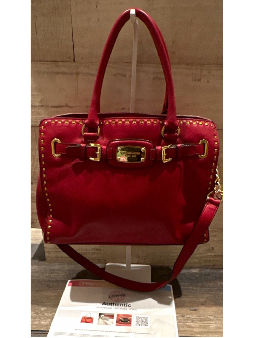 Michael Kors Hamilton Whipped Large Tote Scarlet Red Leather Gold Studded